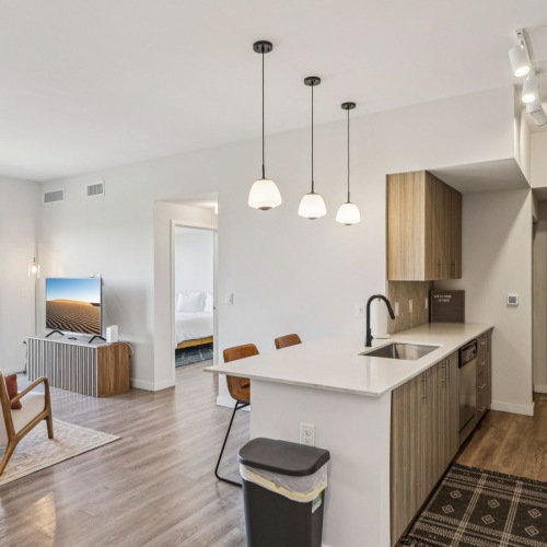 a kitchen and living room