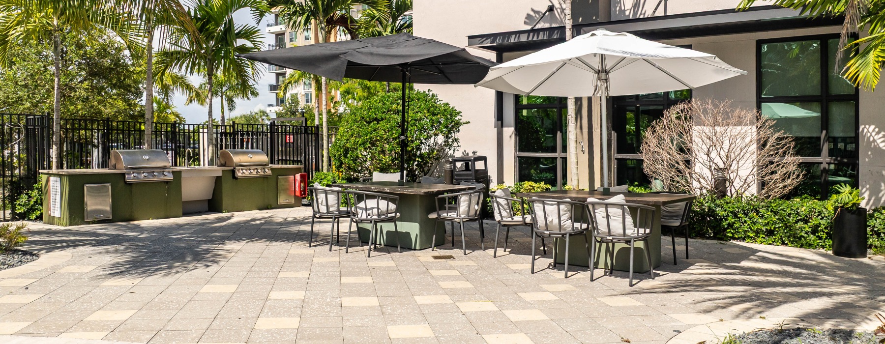 Outdoor pool area with seating